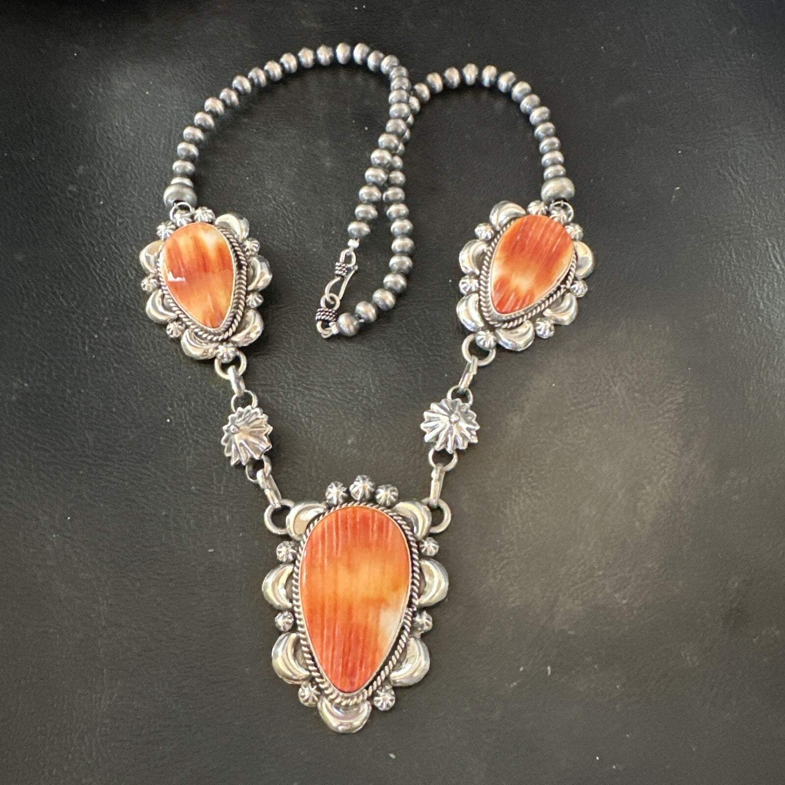 Orange Spiny Oyster Pendant Navajo Sterling Silver Lariat Necklace 21" 18627
