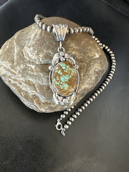 Mens Blue Turquoise#8 Pendant Navajo Sterling Silver Necklace 18080