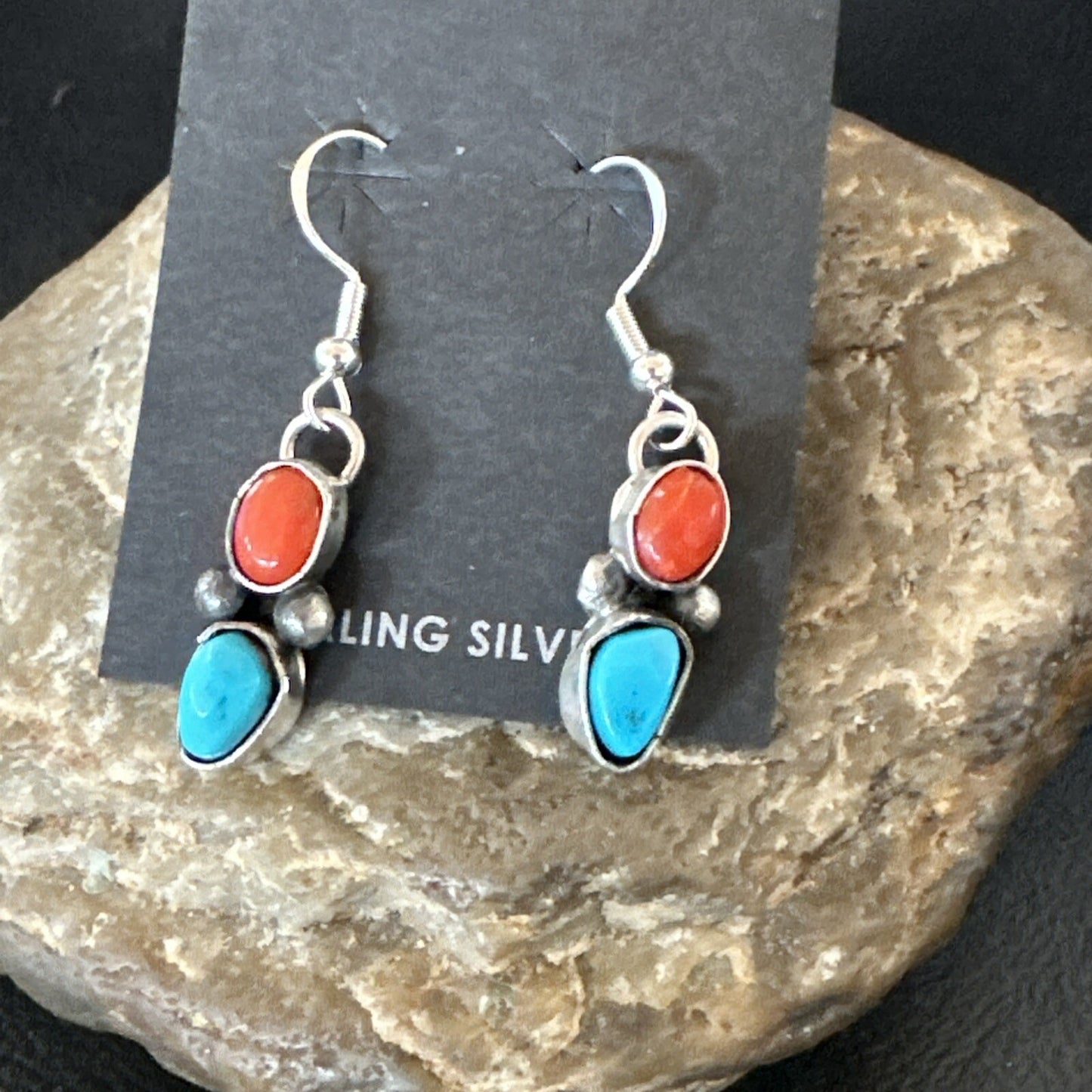 Handmade Blue Turquoise Red Coral Sterling Silver Navajo Dangle Earrings 18842