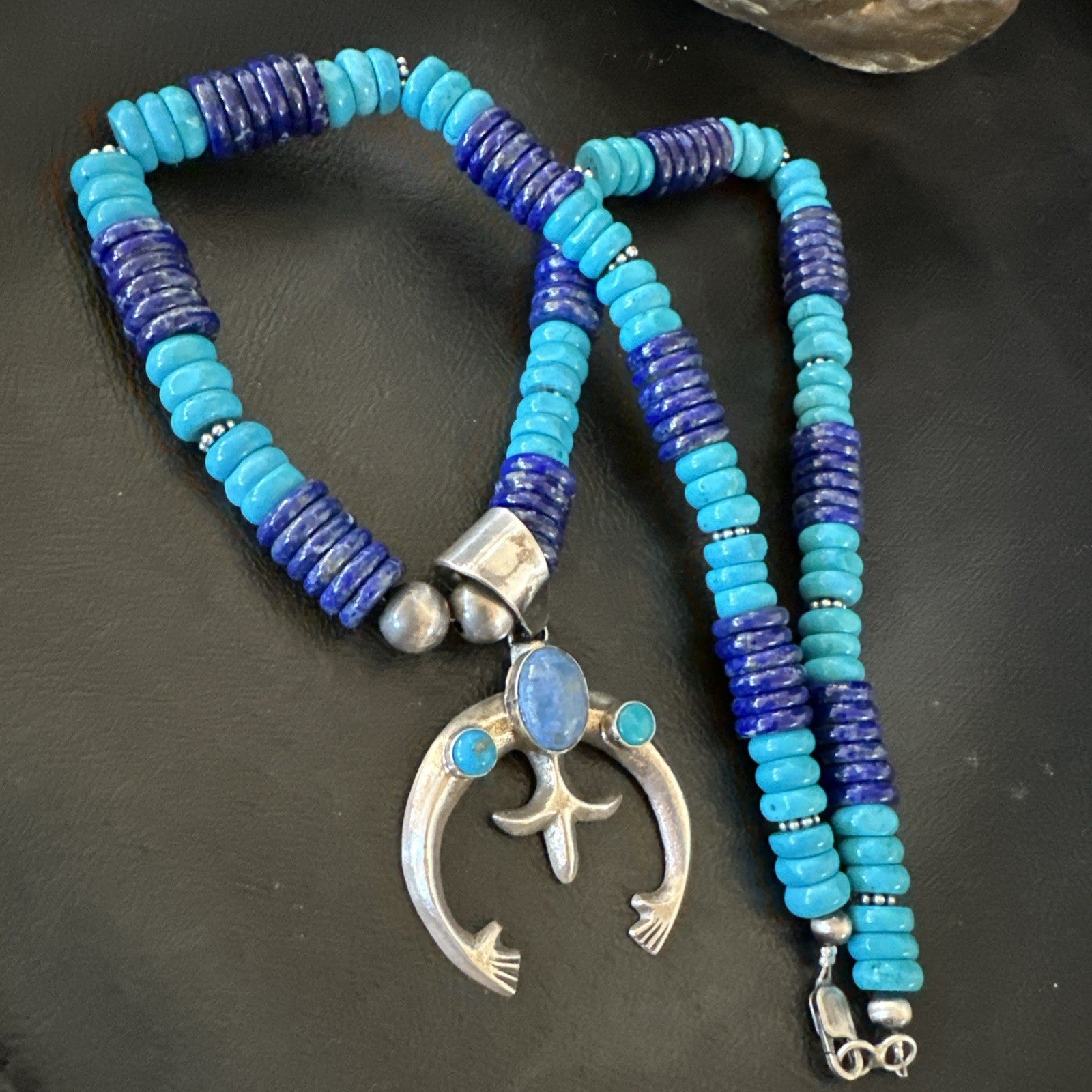 Blue Turquoise Lapis Naja Pendant Navajo 12mm Sterling Silver Necklace 19545