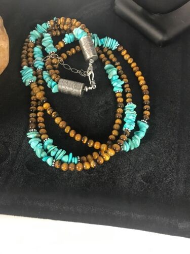 Men's Tigers Eye & Turquoise 3 Strand Necklace Navajo Sterling Silver 8418