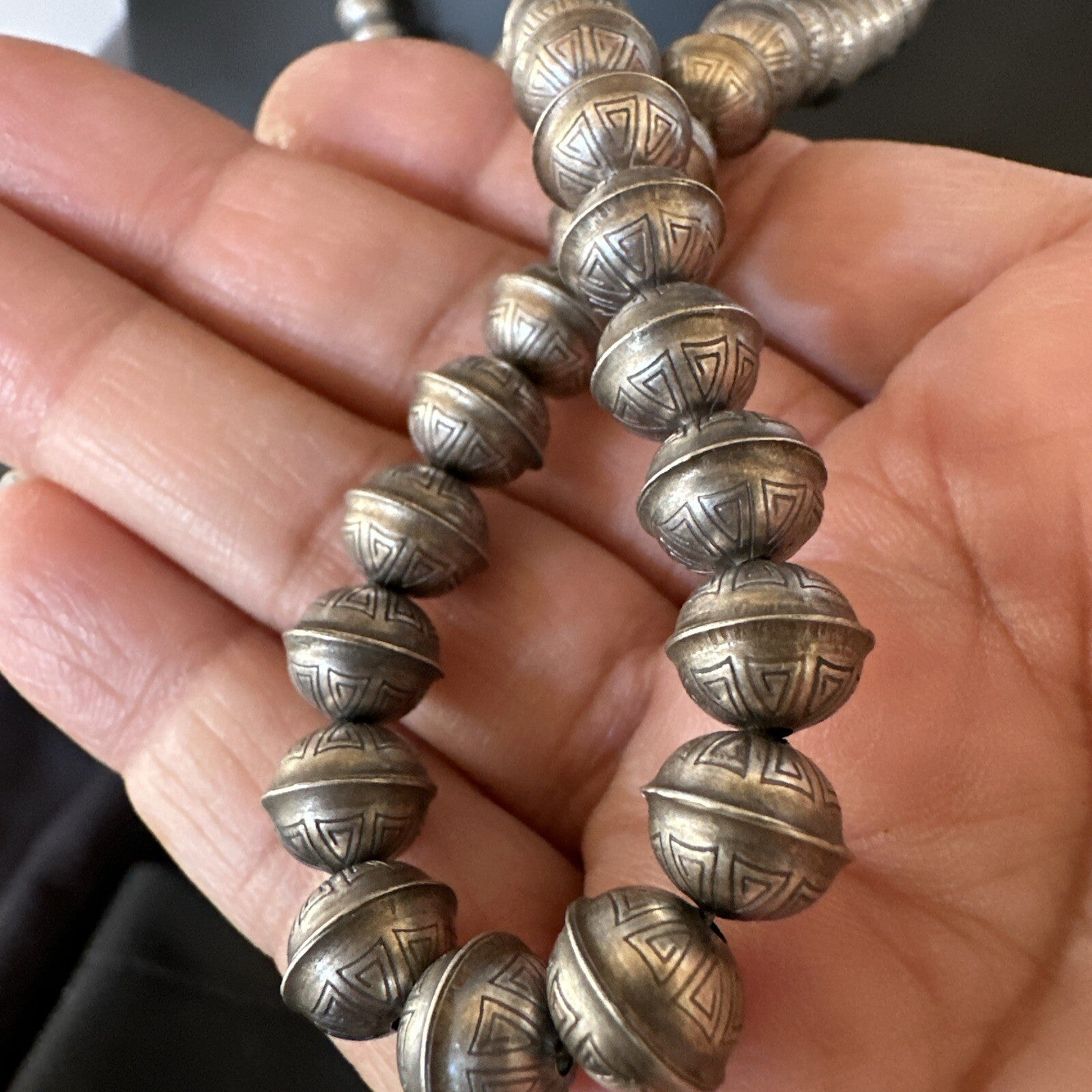 8mm Hand Stamped Bench Navajo Pearls Sterling Silver Bead Necklace 23" 18406