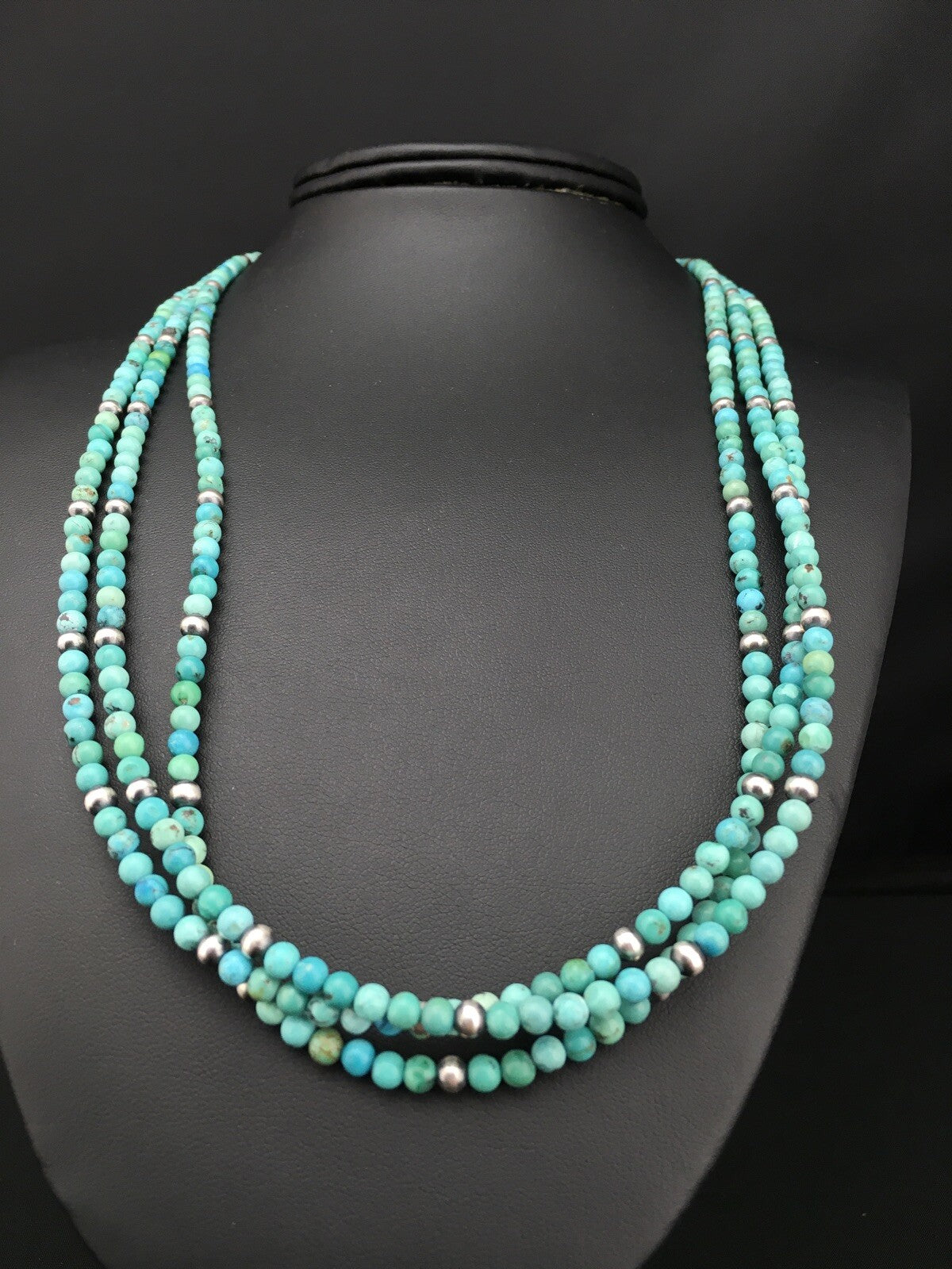 Turquoise 3 Strands Southwestern Sterling Silver Necklace 21" 01097