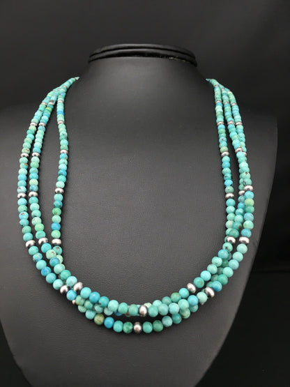 Turquoise 3 Strands Southwestern Sterling Silver Necklace 21" 01097