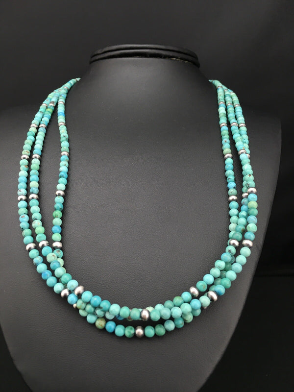 Turquoise 3 Strands Southwestern Necklace 21" | Sterling Silver | Authentic Native American Handmade | 01097