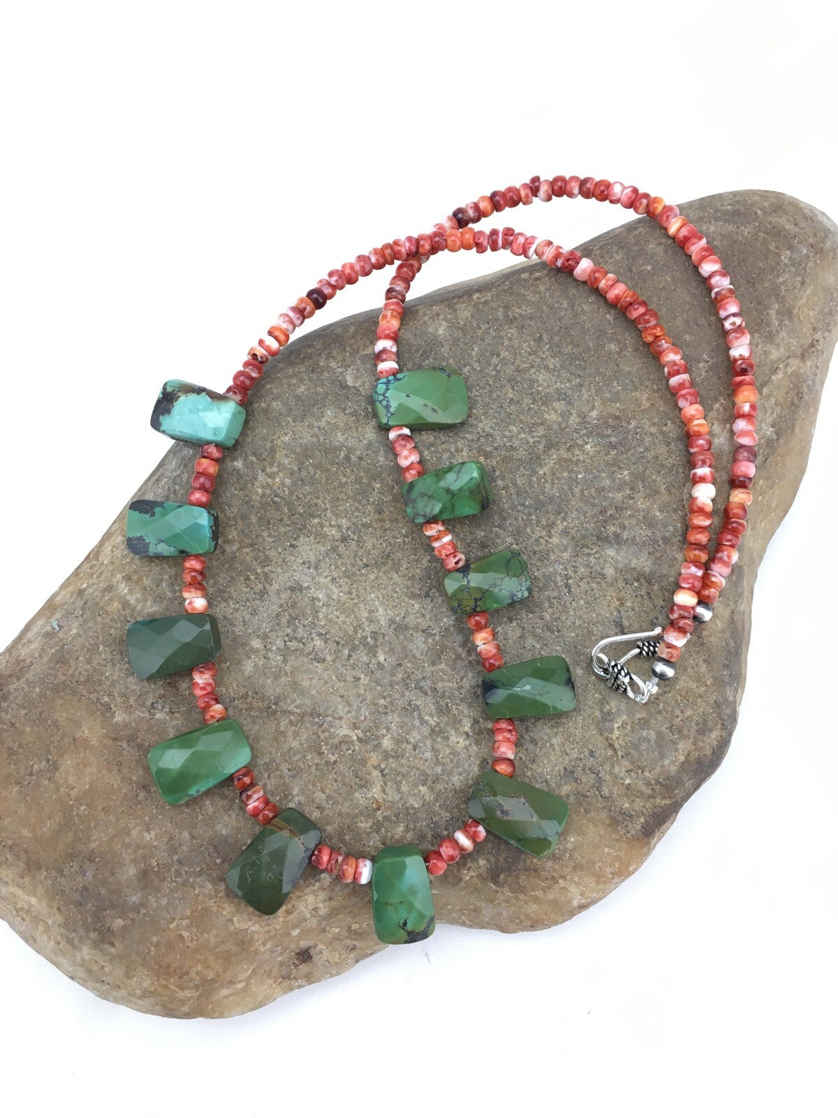 Spiny Oyster & Faceted Turquoise Navajo Sterling Silver Necklace 20" 04917