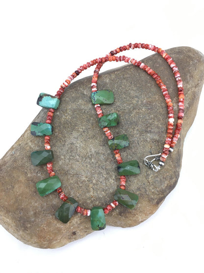 Spiny Oyster & Faceted Turquoise Navajo Sterling Silver Necklace 20" 04917