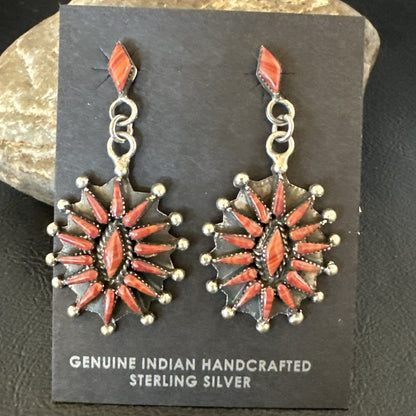 Red Coral Needlepoint Zuni Sterling Silver Dangle Earrings 19100