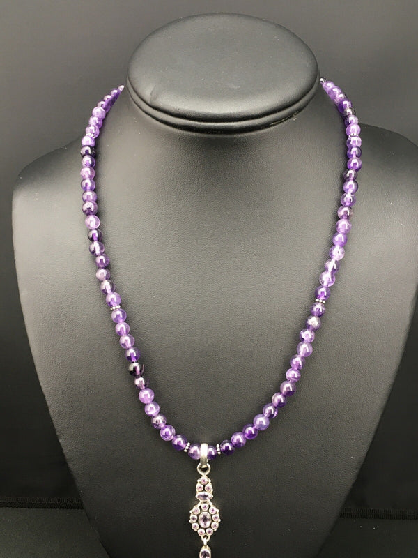Amethyst Pendant Southwestern Navajo Beads Necklace 19" | Sterling Silver | Authentic Native American Handmade | 04914
