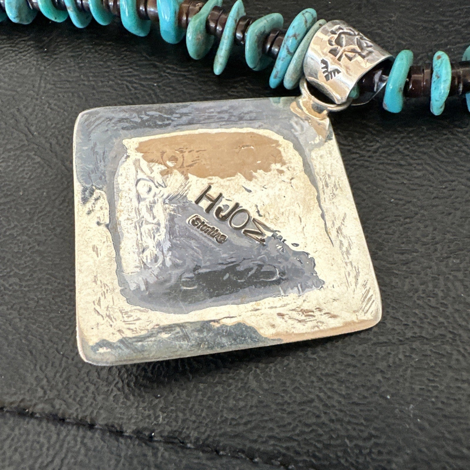 Navajo Blue Turquoise Stamped Pendant Shell Sterling Silver 25” Necklace 19706