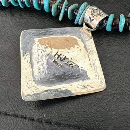 Navajo Blue Turquoise Stamped Pendant Shell Sterling Silver 25” Necklace 19706