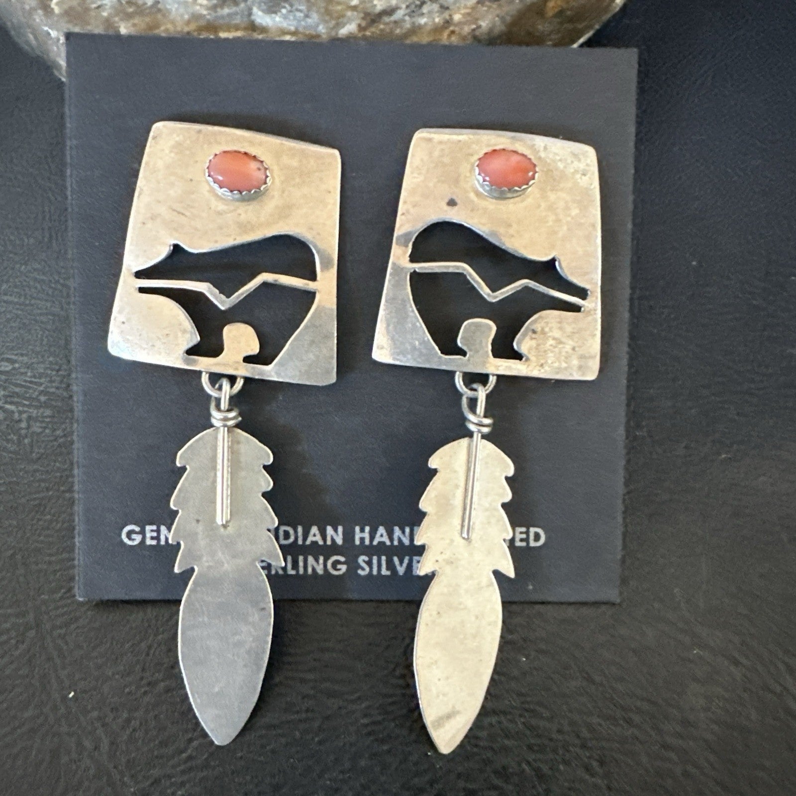Old Pawn Pink Coral Navajo Sterling Silver Dangle Bear Feather Earrings 2” 19084