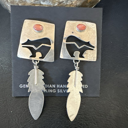 Old Pawn Pink Coral Navajo Sterling Silver Dangle Bear Feather Earrings 2” 19084
