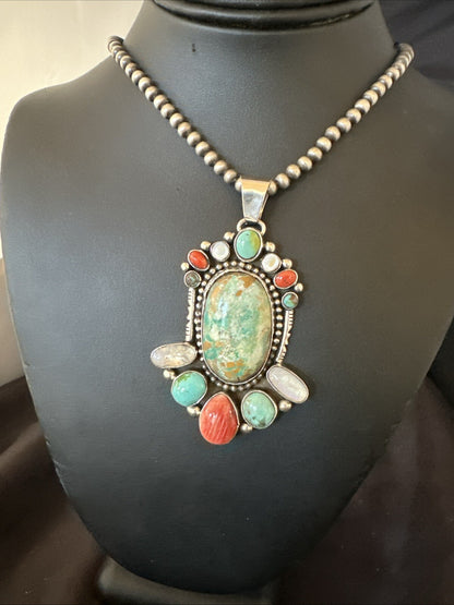 XL Royston Turquoise Spiny Cluster Pendant Navajo Sterling Silver Necklace 18750
