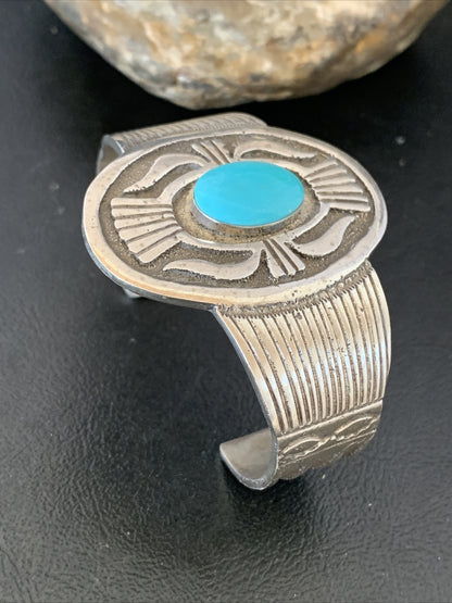 Mens Blue Kingman Turquoise Navajo Sterling Silver Cuff Bracelet 1654