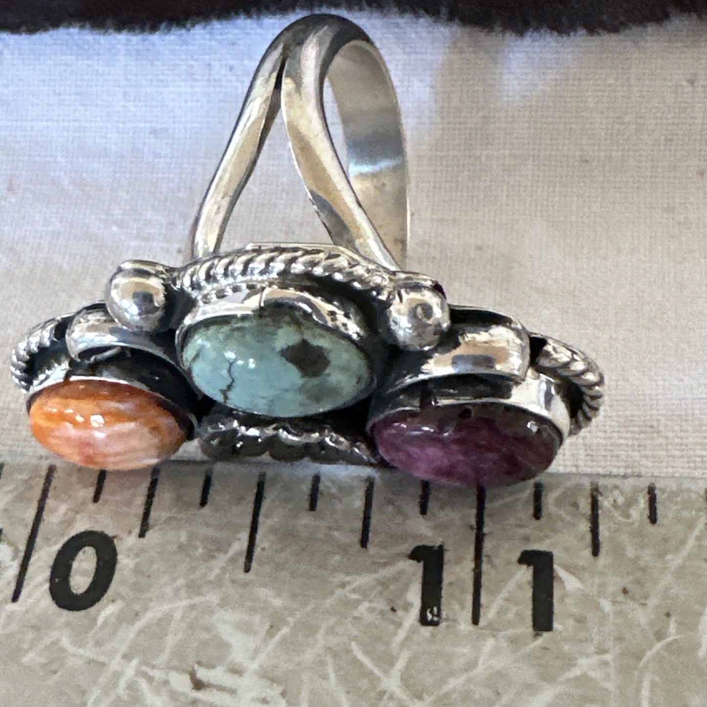 Multicolor Ring Turquoise Spiny Navajo Sterling Silver Cluster Size 8 19171