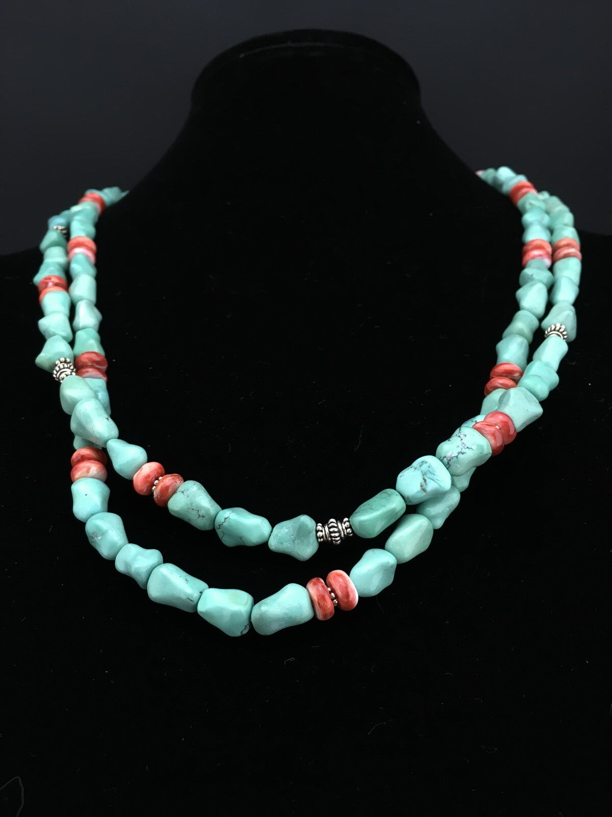Native Turquoise Spiny Sterling Silver Nugget Bead 2 Strands Necklace 22" 01352