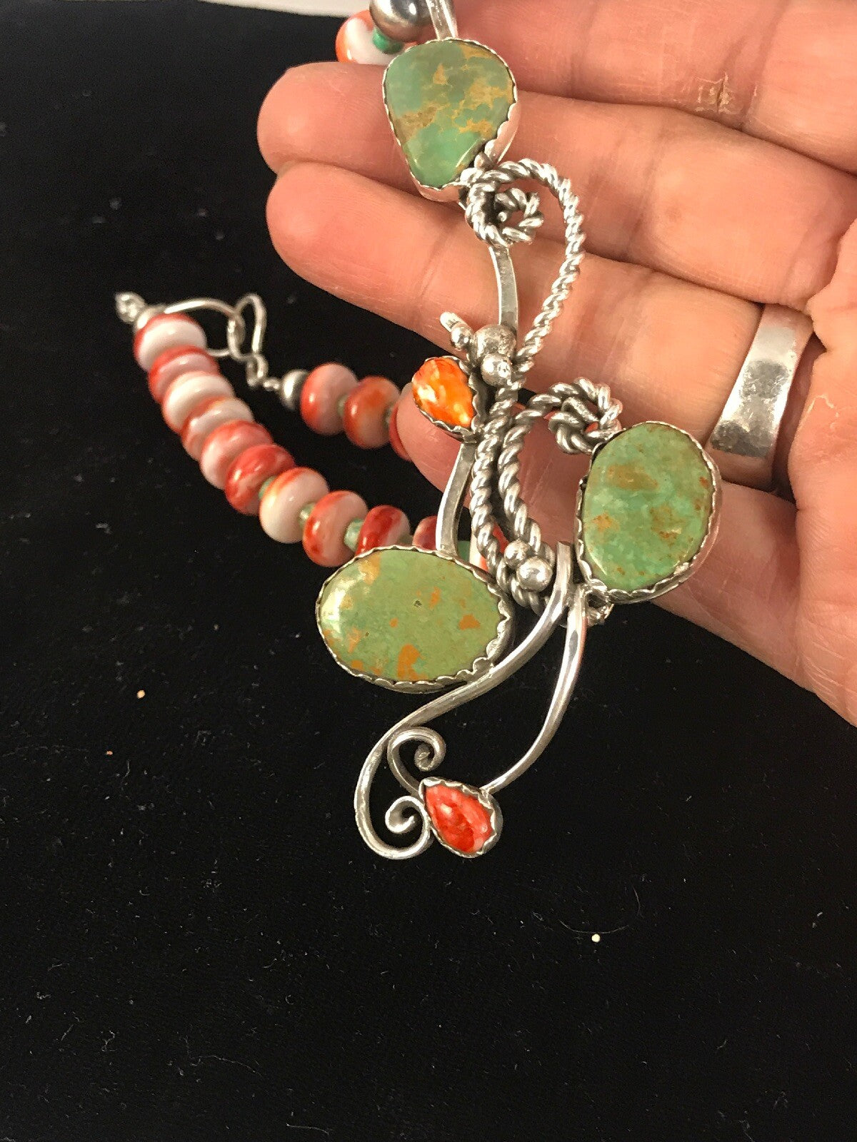 Green Turquoise, Spiny Oyster Pendant Sterling Silver Beads Necklace 8486