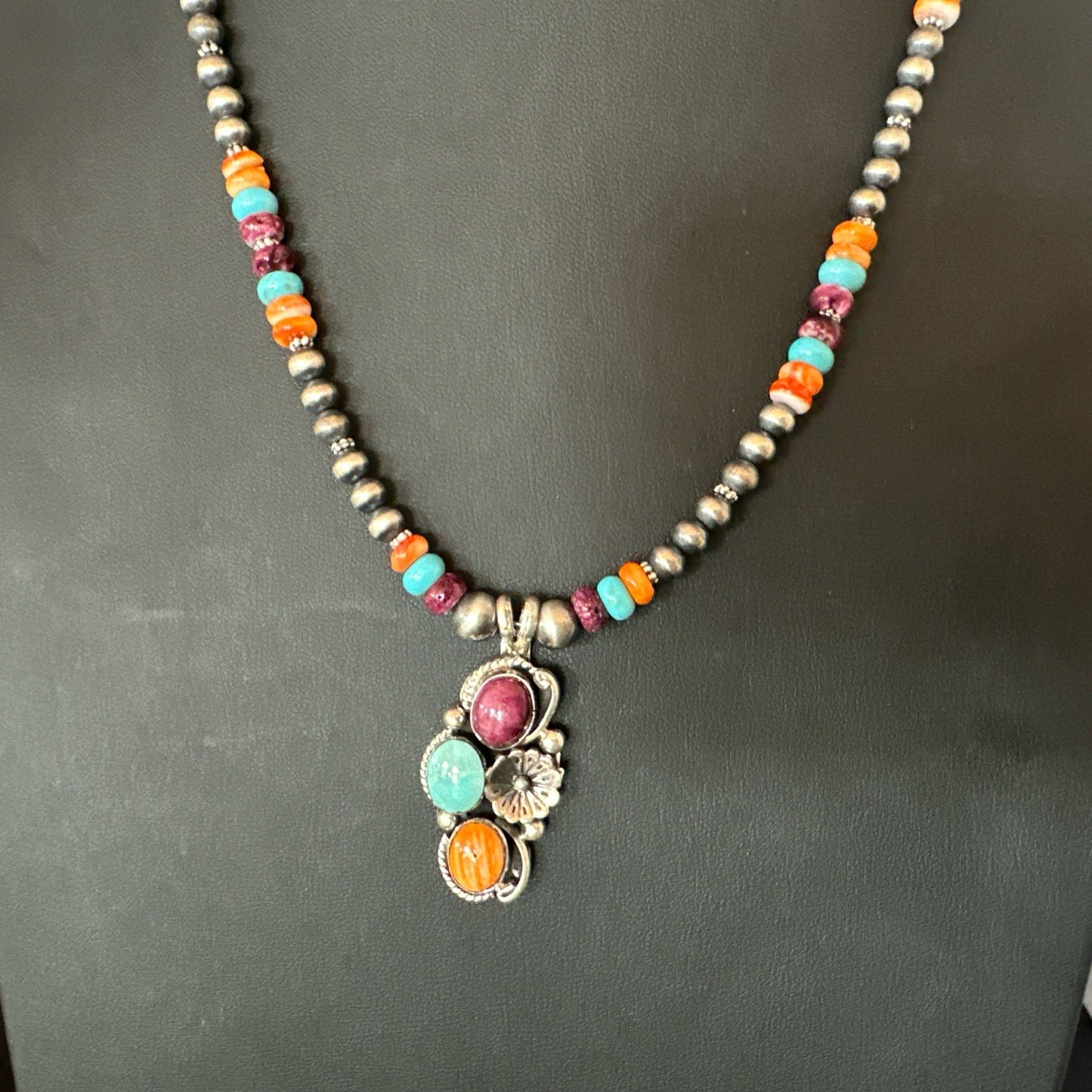 Multicolor Turquoise Spiny Navajo Sterling Silver Cluster Pendant Necklace 19641