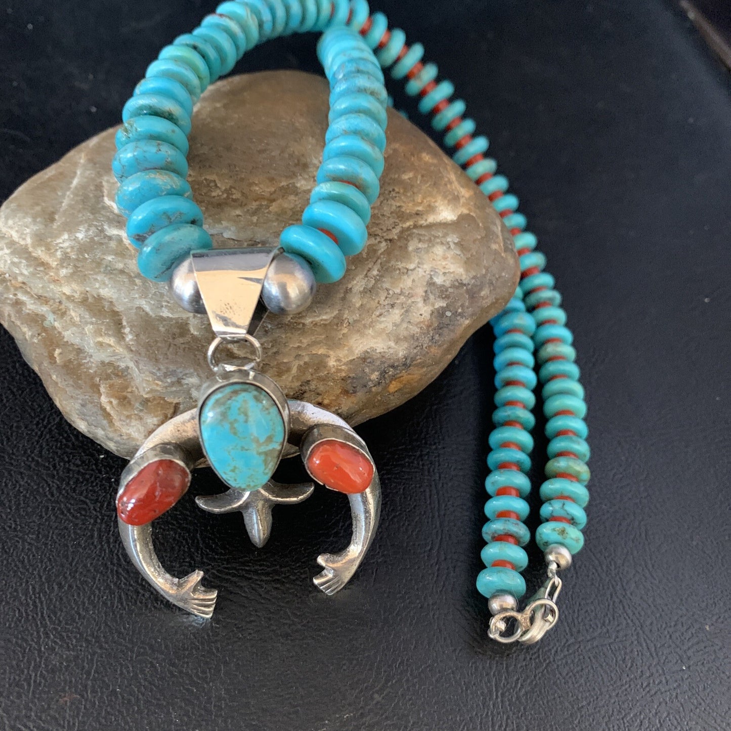 Royston Navajo Sterling Silver Blue Turquoise Coral Necklace Naja Pendant 13745