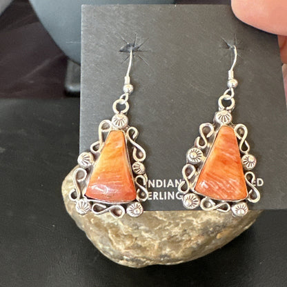 Native Navajo Sterling Silver Orange Spiny Oyster Dangle Earrings 17270