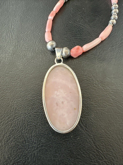 Southwestern Sterling Silver Pink Coral Bead Necklace Quartz Pendant 24" 19586