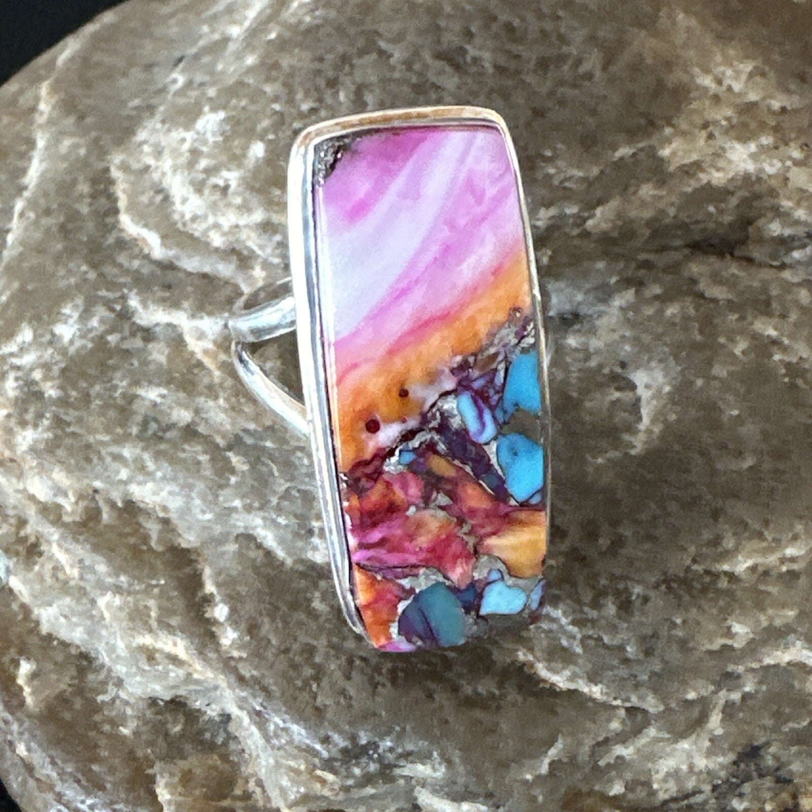 Blue Turquoise Spiny Oyster Navajo Sterling Silver Ring Size 6 18244