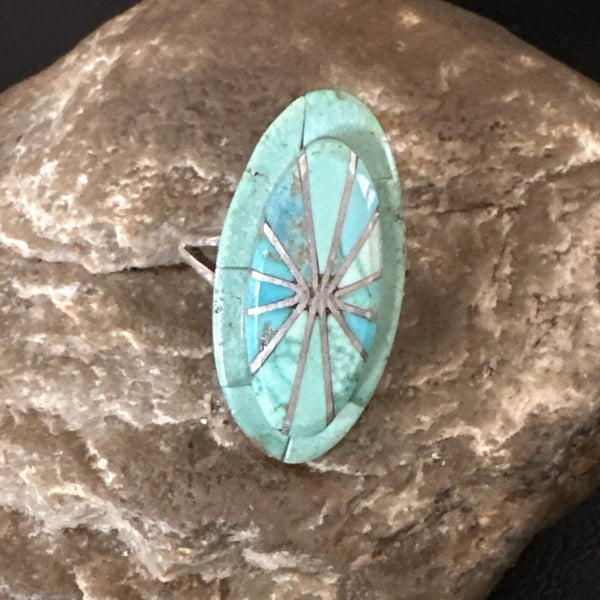 Navajo Blue Turquoise Inlay Band Ring Sz 7.5 | Authentic Native American Handmade | 18762
