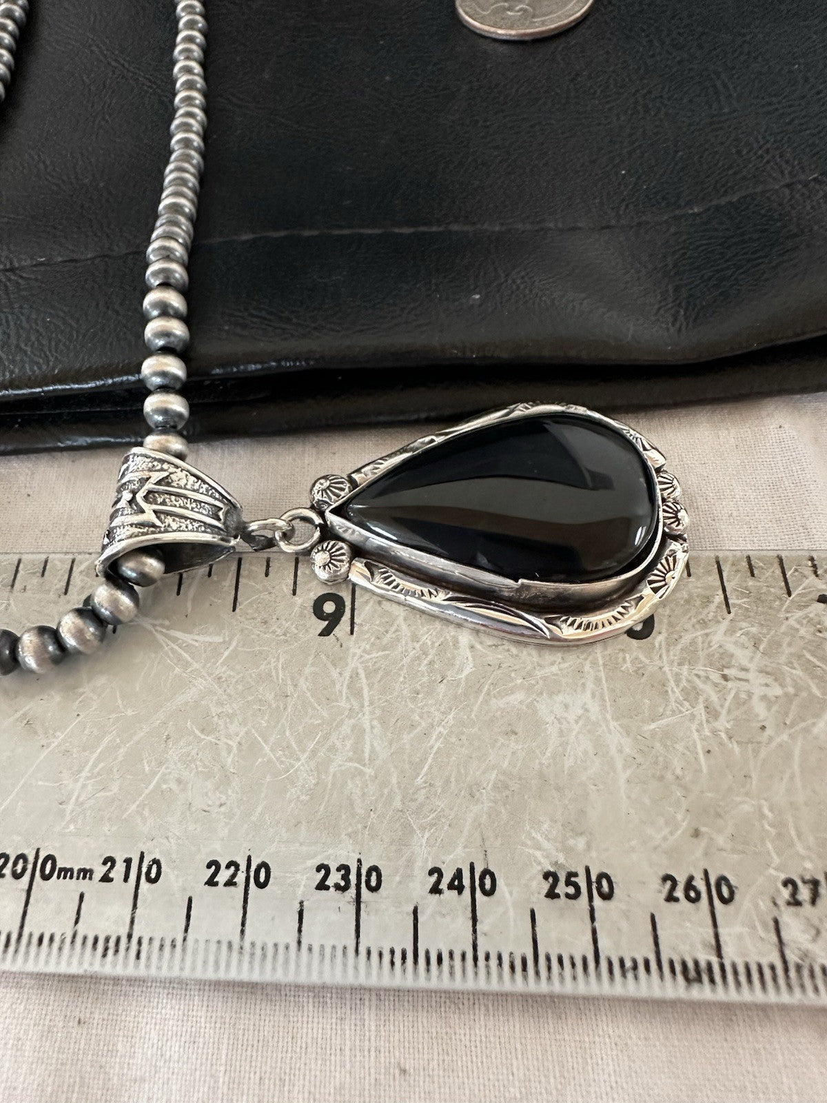 Black Onyx Pendant Navajo Pearls Sterling Silver Necklace 19386