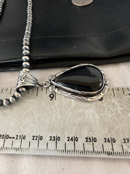 Black Onyx Pendant Navajo Pearls Sterling Silver Necklace 19386