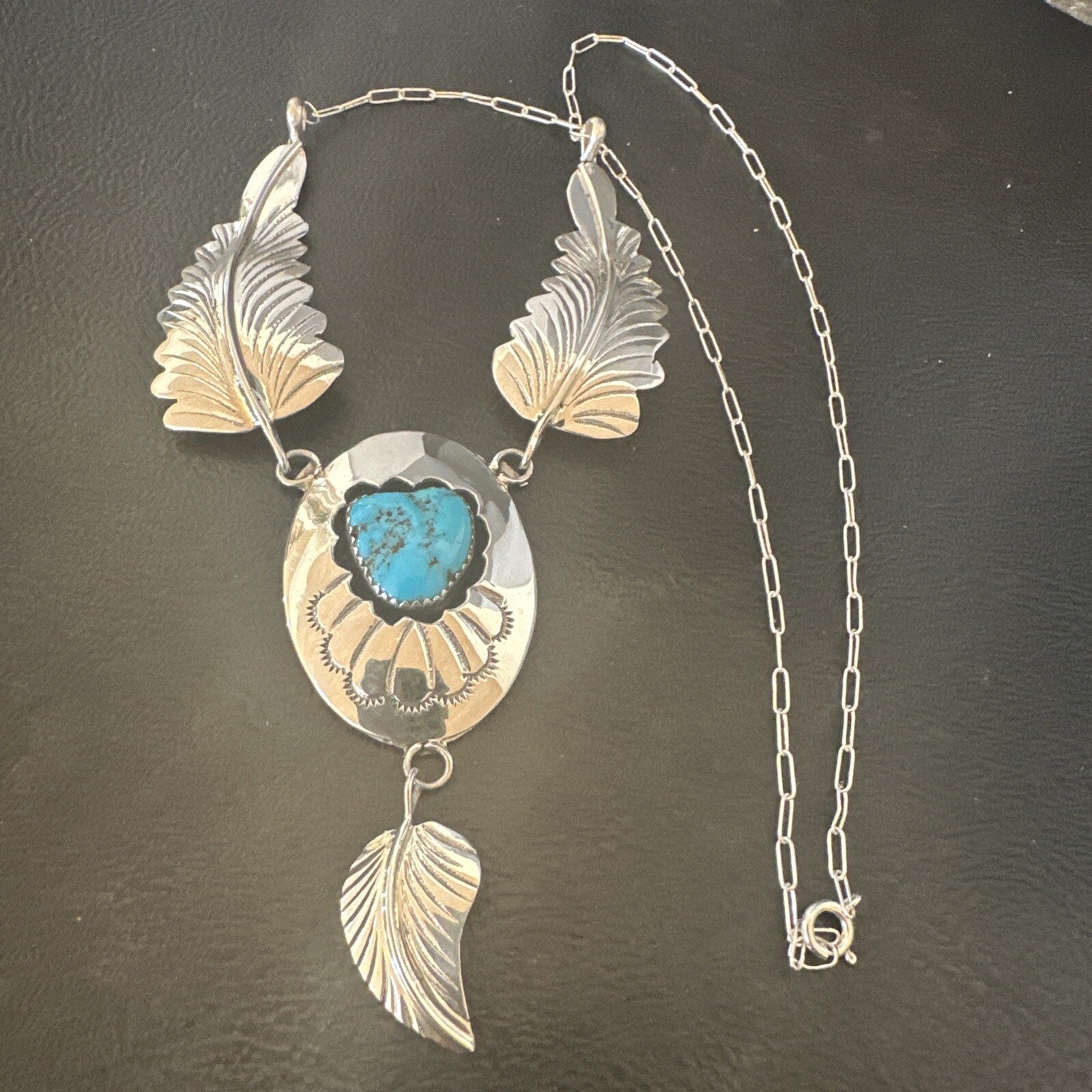 Blue Kingman Turquoise Navajo Sterling Silver Necklace Pendant 18576