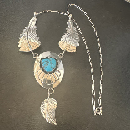 Blue Kingman Turquoise Navajo Sterling Silver Necklace Pendant 18576