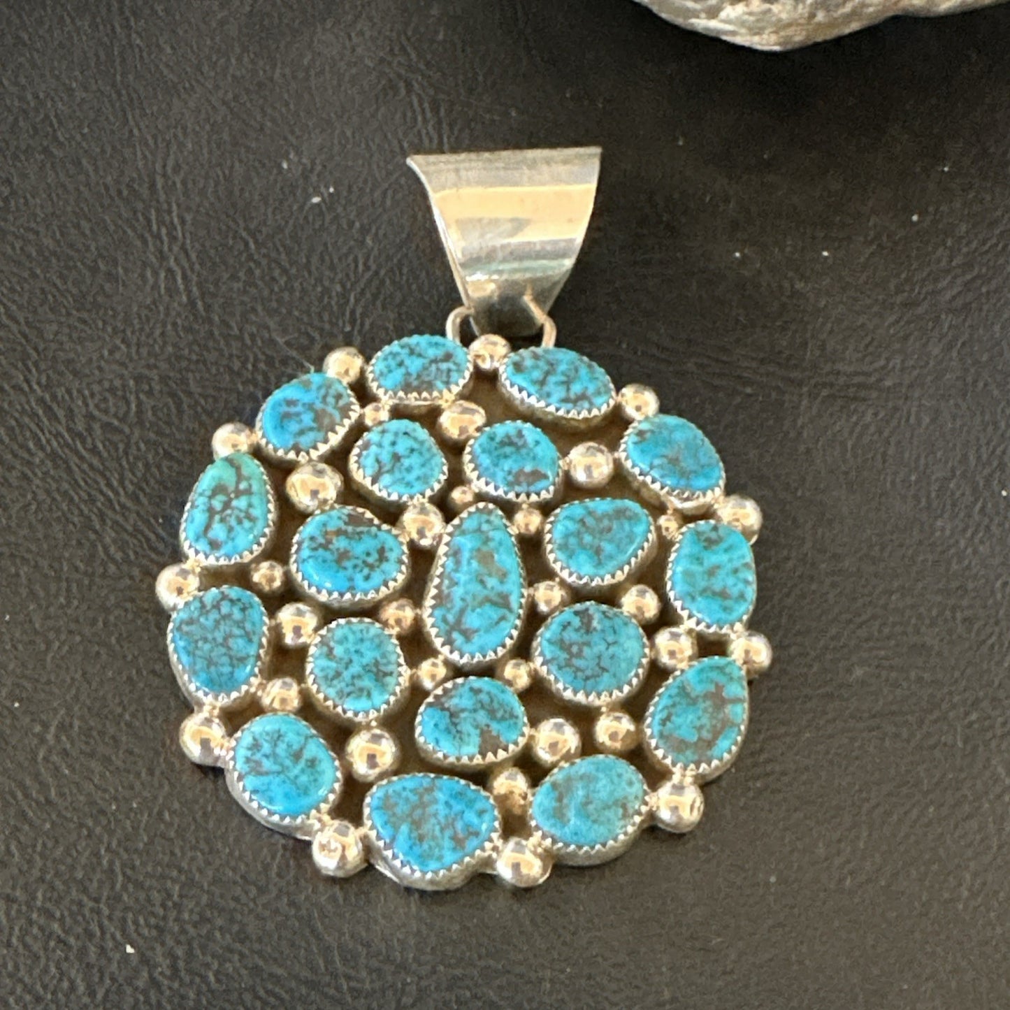 Cluster Kingman Turquoise Navajo Sterling Silver Necklace Pendant 2.75” 19082