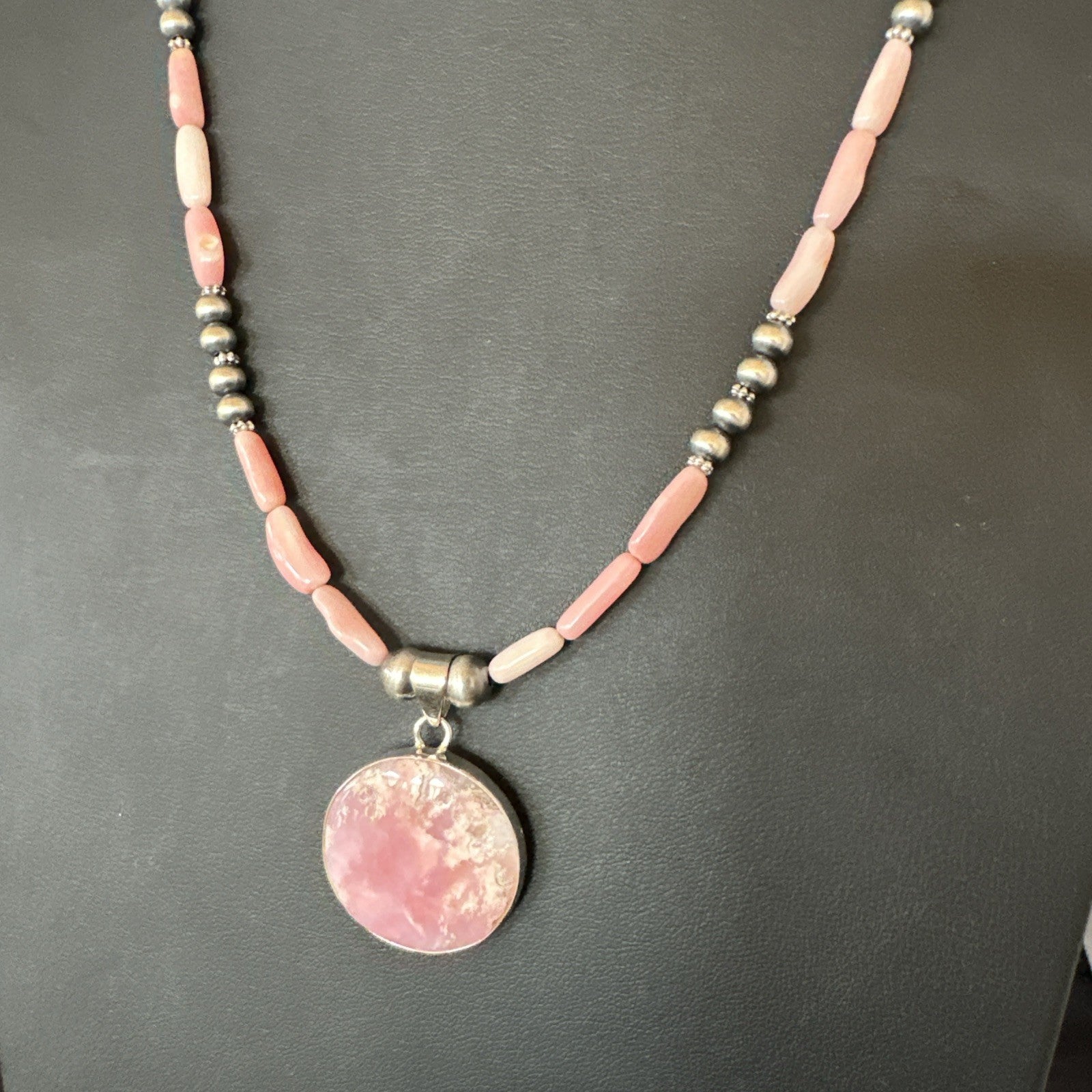 Southwestern Sterling Silver Pink Coral Bead Necklace Quartz Pendant 24" 19588