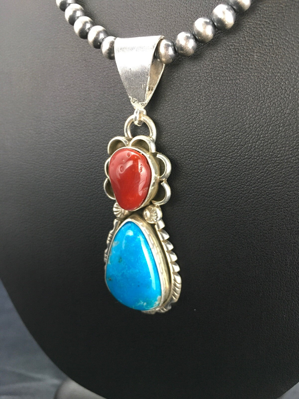 Turquoise & Coral Pendant Navajo Sterling Silver Necklace 02580