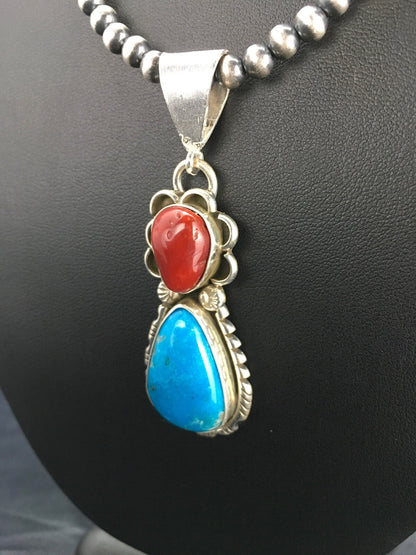Turquoise & Coral Pendant Navajo Sterling Silver Necklace 02580