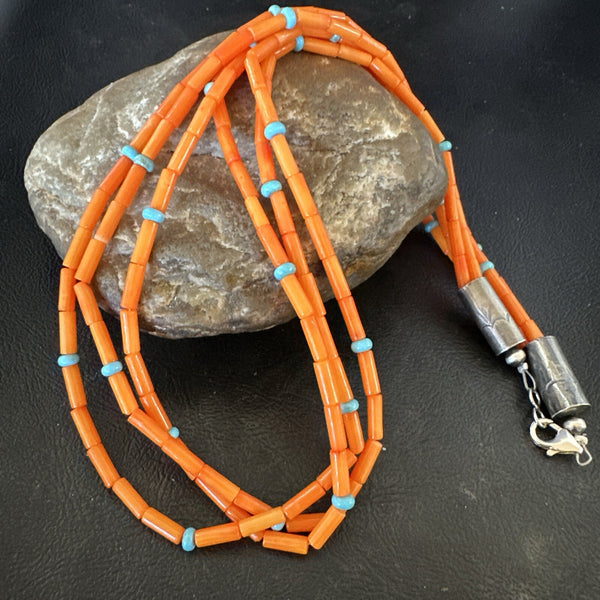 Turquoise Orange Coral 3 Strand Necklace 21" | Sterling Silver | Authentic Native American Handmade | 17819