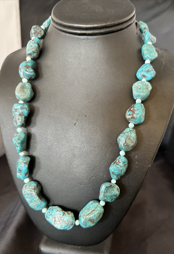 Blue Turquoise Chunky Nugget Navajo Necklace 22" | Sterling Silver | Authentic Native American Handmade | 18303