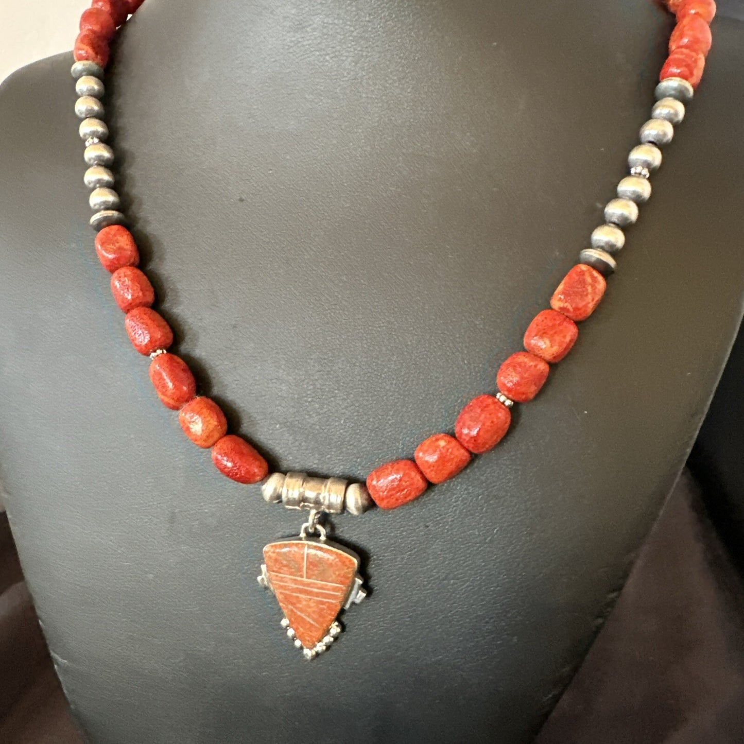 Navajo Apple Sponge Coral Sterling Silver Necklace Inlay Pendant 21” 18685