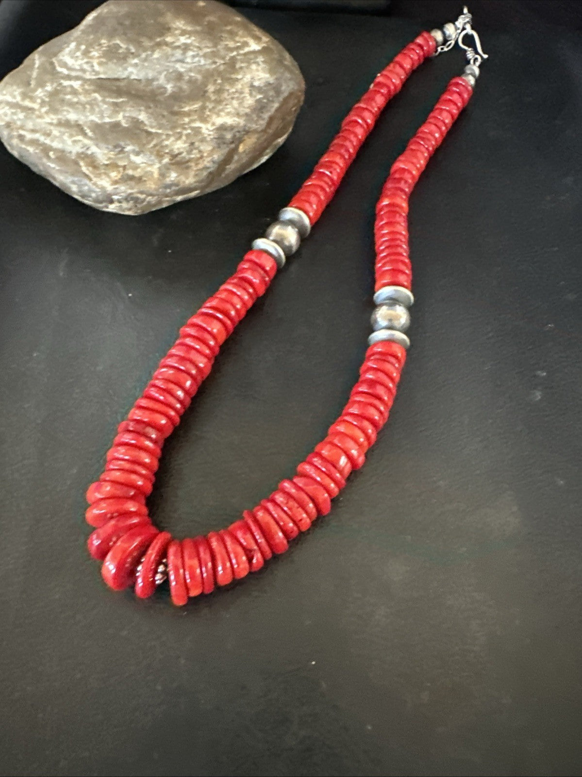 Red Bamboo Coral Navajo Sterling Silver Bead Necklace 19" 19227