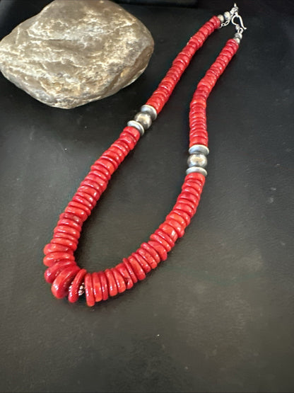 Red Bamboo Coral Navajo Sterling Silver Bead Necklace 19" 19227