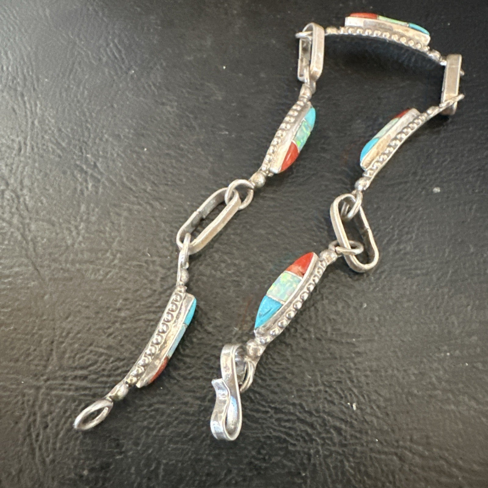 Women Oldpawn Turquoise Opal Coral Navajo Sterling Silver Link Bracelet 8” 19798