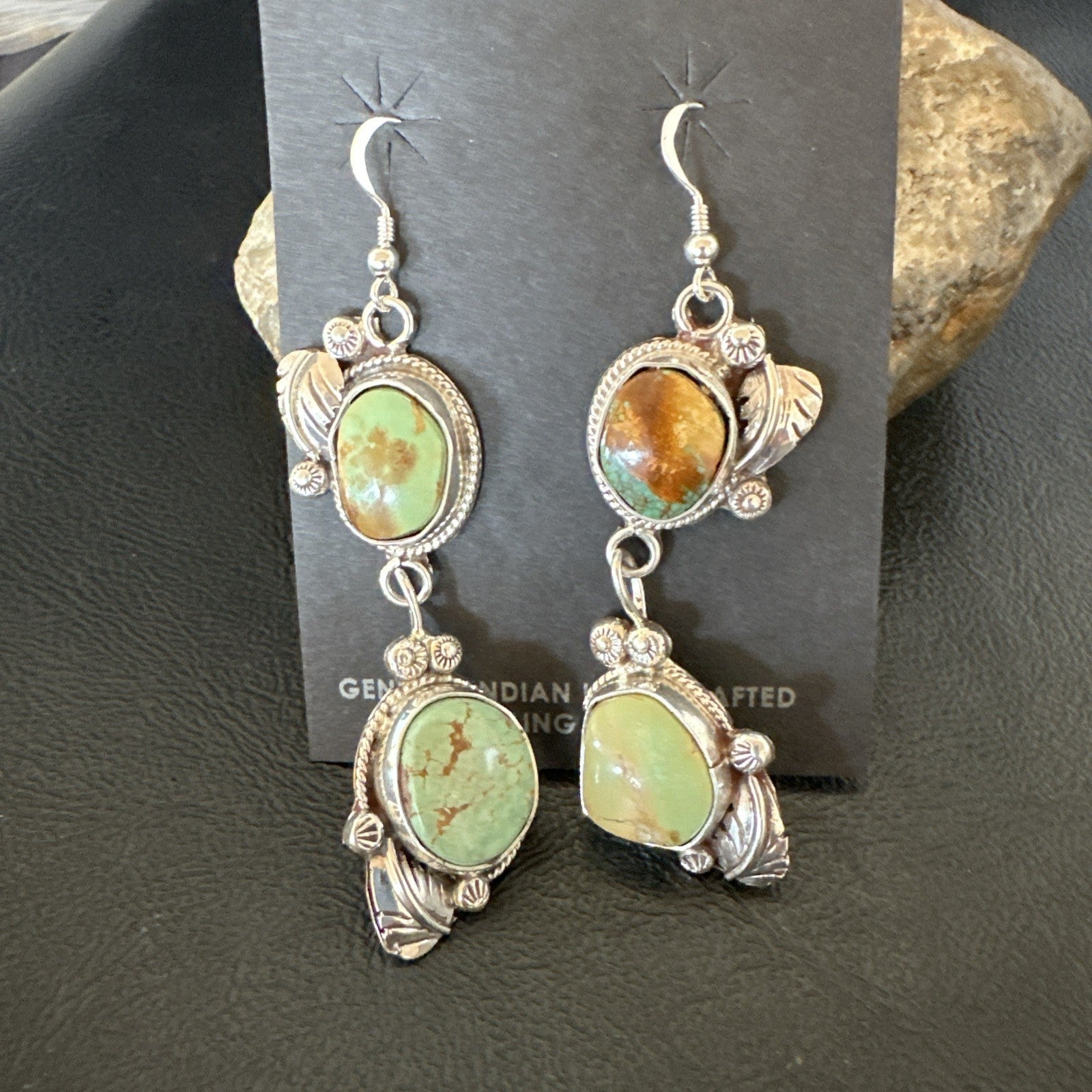 Green Royston Turquoise Navajo Sterling Silver Dangle Earrings 19600