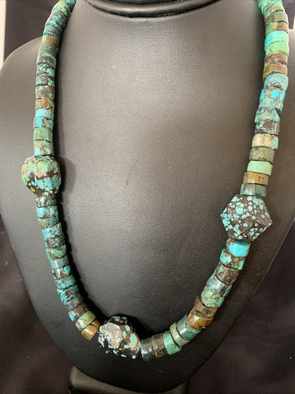 Men Chunky Spiderweb Turquoise Heishi Navajo Sterling Silver Necklace 21” 124505