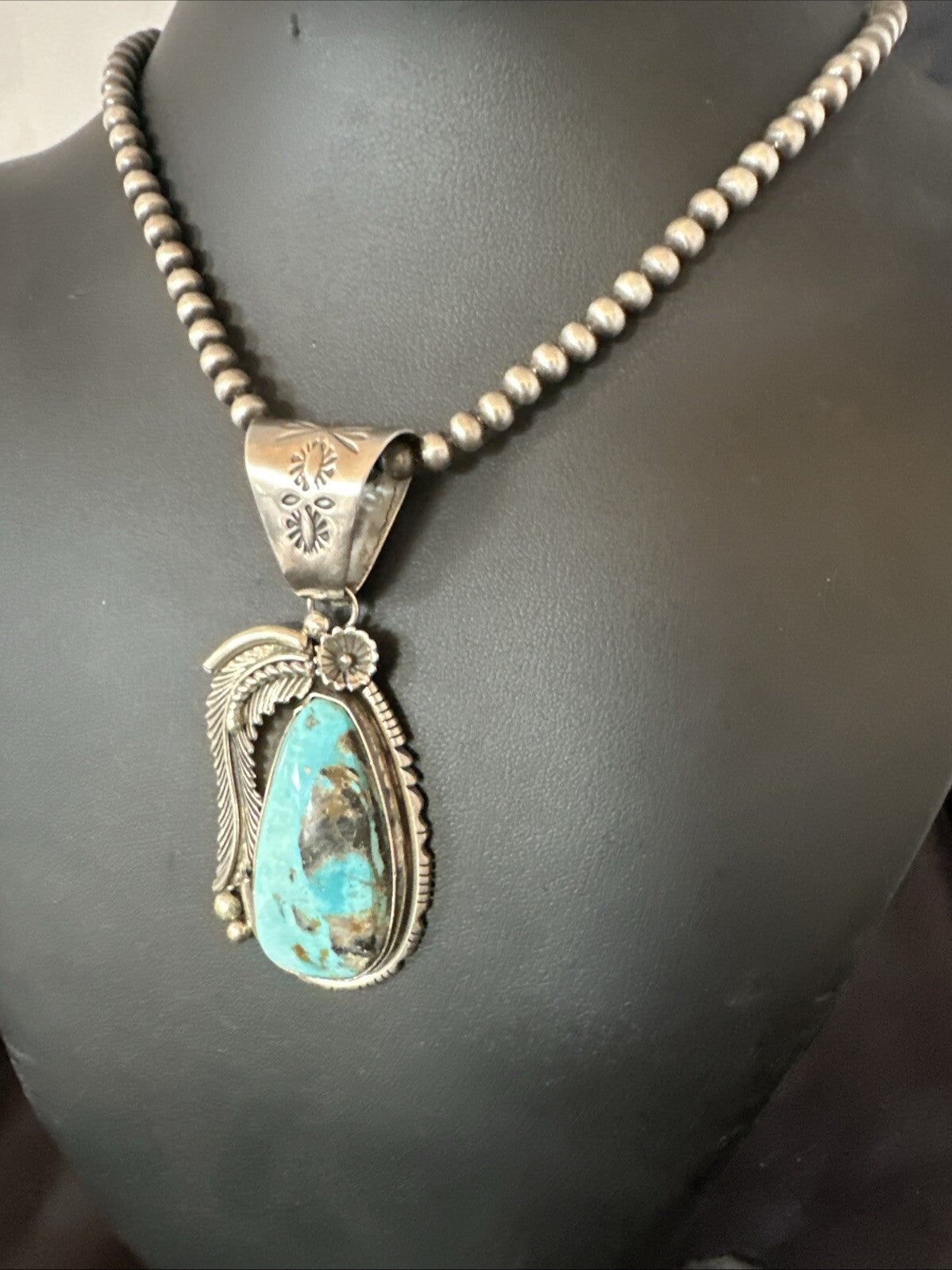 Mens Womens Blue Turquoise Pendant Sterling Silver Beads Sterling Necklace 18648