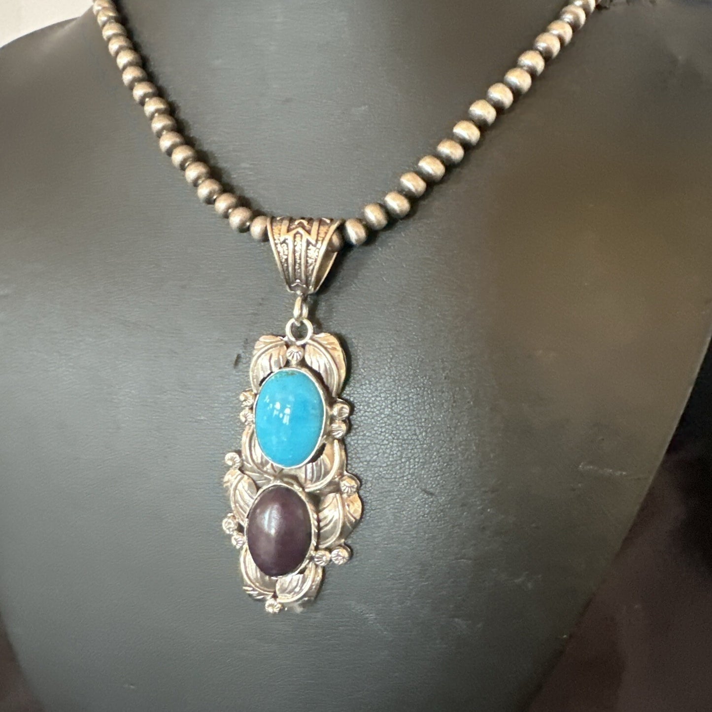 Blue Kingman Turquoise  Purple Stone Pendant Navajo Sterling Silver 18039