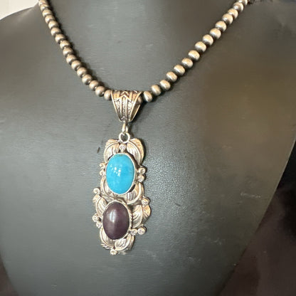 Blue Kingman Turquoise  Purple Stone Pendant Navajo Sterling Silver 18039