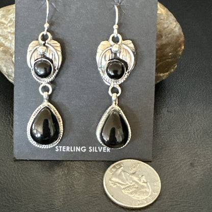 Black Onyx Navajo Sterling Silver Dangle Earrings 1.5" 18287