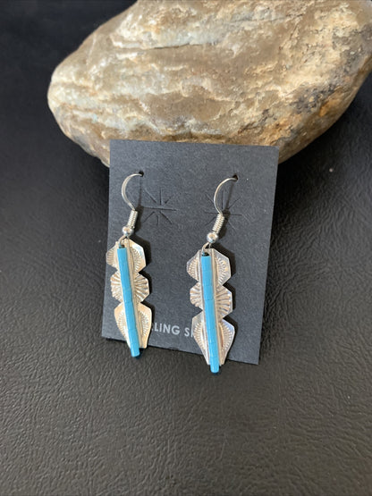 Blue Turquoise Sterling Silver Navajo Handmade Inlay Feather Earrings 13063