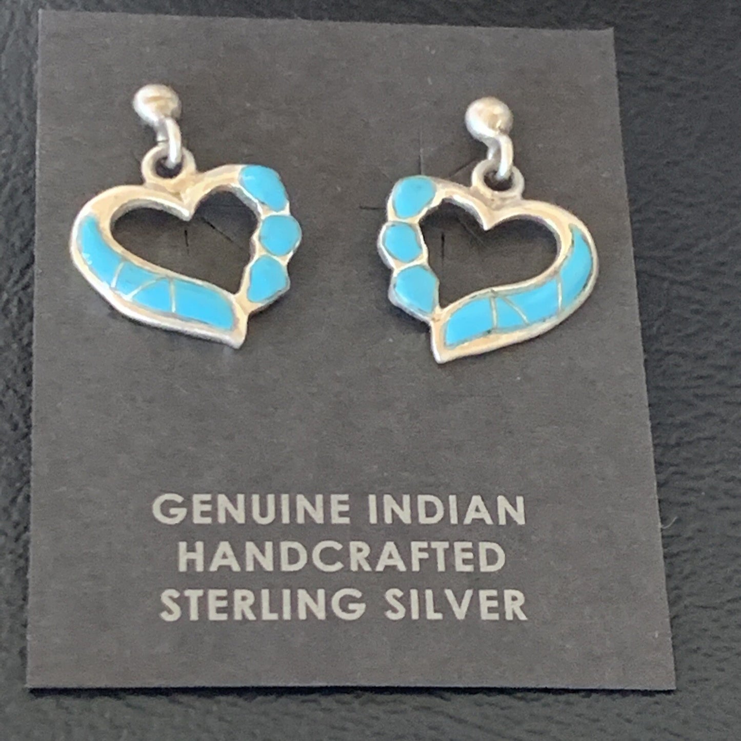 Blue Turquoise Heart Navajo Sterling Silver Dangle Post Earrings 0.5" 12717